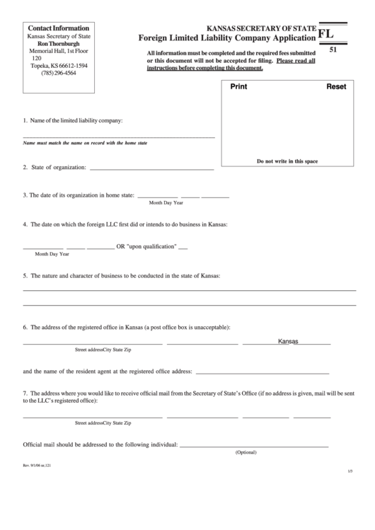 Fillable Form Fl 51 - Foreign Limited Liability Company Application Application Printable pdf