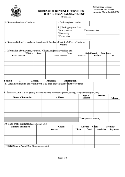Debtor Financial Statement Form - Bureau Of Revenue Services Printable pdf