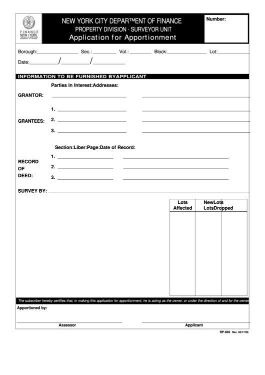 Form Rp-602 - Application For Apportionment - 2005 printable pdf download