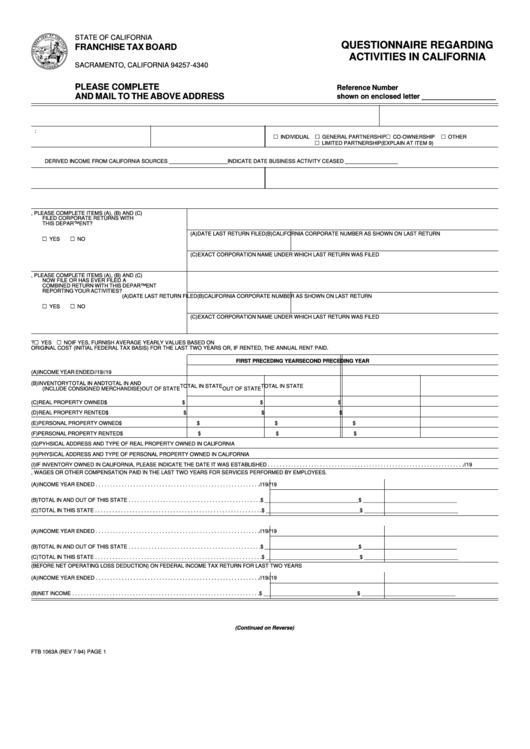 Form Ftb 1063a - Questionnaire Regarding Activities In California - State Of California Franchise Tax Board Printable pdf