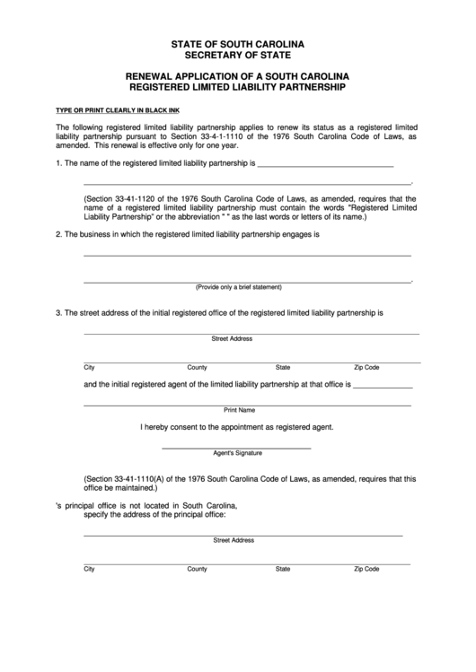 Fillable Renewal Application Of A South Carolina Registered Limited Liability Partnership Form Printable pdf