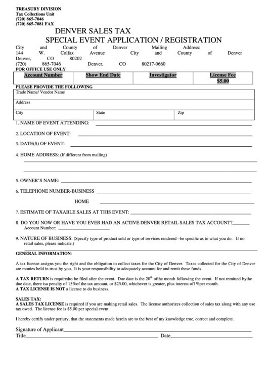 Denver Sales Tax Special Event Application / Registration - Treasury Division, Affidavit - Denver Treasury Divison Printable pdf