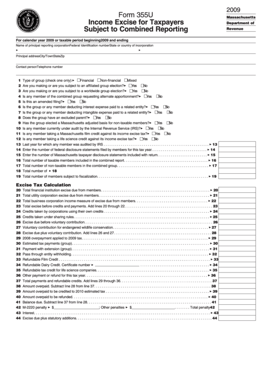 Form 355u - Income Excise For Taxpayers Subject To Combined Reporting - 2009 Printable pdf