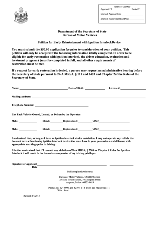 Fillable Petition For Early Reinstatement With Ignition Interlock Device Petition Form Printable pdf
