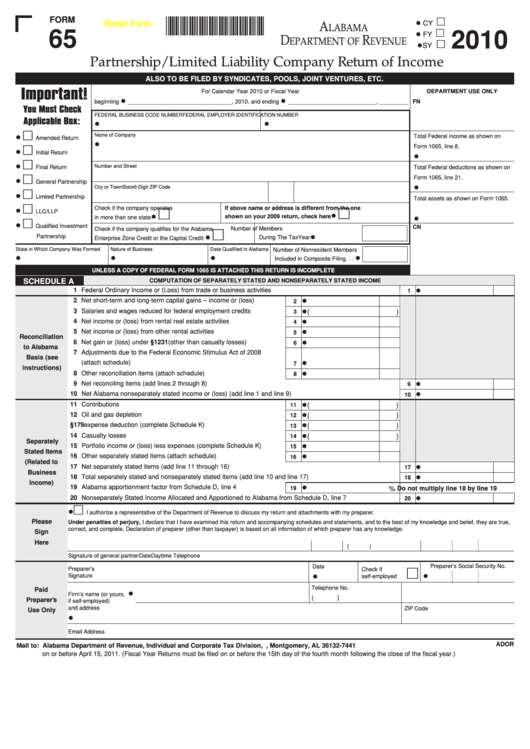 Fillable Form 65 - Partnership/limited Liability Company Return Of Income - 2010 Printable pdf