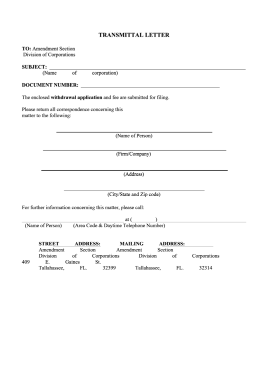 Fillable Transmittal Letter Template/application By Foreign Corporation For Withdrawal Of Authority To Transact Business Or Conduct Affairs In Florida - Amendment Section Division Of Corporations Printable pdf