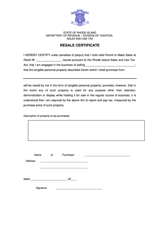 Resale Certificate Form - State Of Rhode Island Department Of Revenue - Division Of Taxation Printable pdf