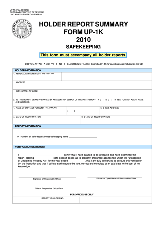 Fillable Form Up-1k - Holder Report Summary - Safekeeping - 2010 Printable pdf