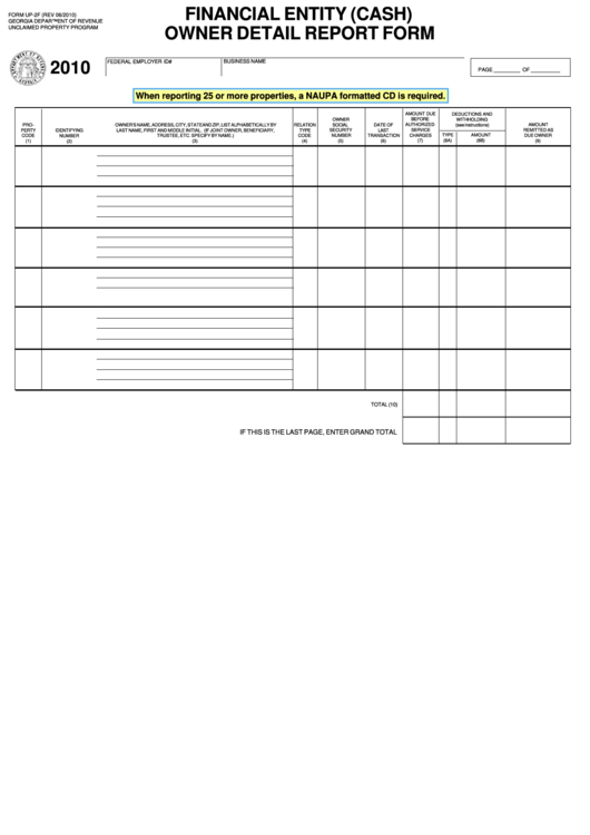 Fillable Form Up-2f - Financial Entity (Cash) Owner Detail Report Form - 2010 Printable pdf