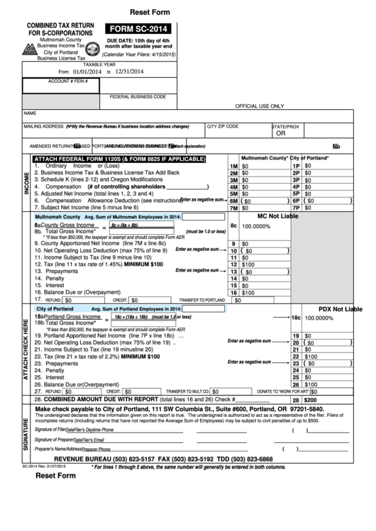 Fillable Form Sc-2014 - Combined Tax Return For S-Corporations - 2015 Printable pdf