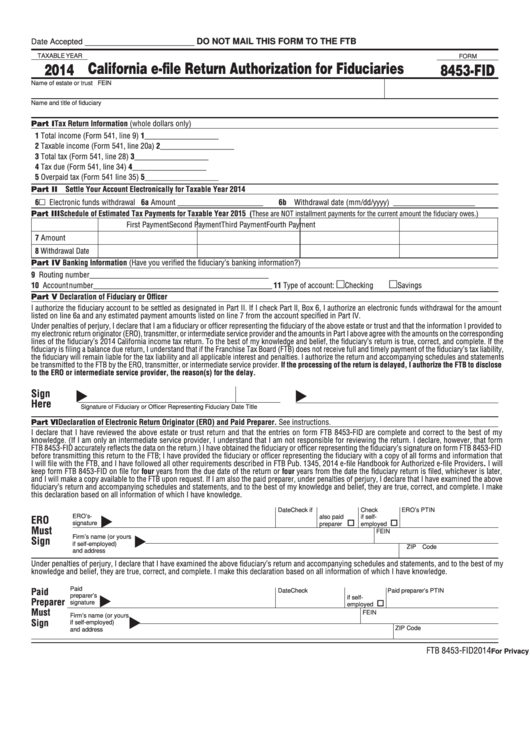 Fillable Form 8453-Fid - California E-File Return Authorization For Fiduciaries - 2014 Printable pdf