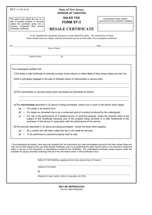 Form St-3 - Resale Certificate - 2010 Printable pdf