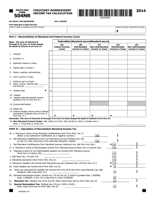 Fillable Maryland Form 504nr - Fiduciary Nonresident Income Tax Calculation - 2014 Printable pdf