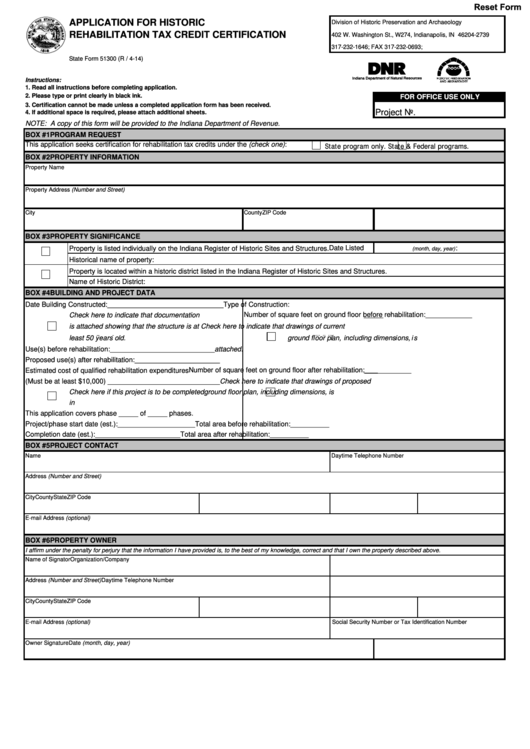 Fillable Indiana State Form 51300 - Application For Historic Rehabilitation Tax Credit Certification Printable pdf