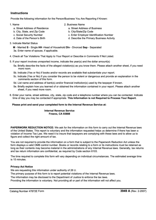 Form 3949 A - Instructions (2007) Printable pdf