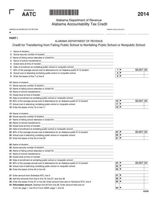 Schedule Aatc - Alabama Accountability Tax Credit - 2014 Printable pdf