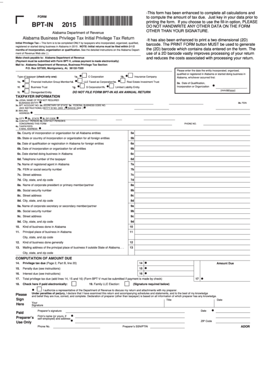 Fillable Form Bpt-In - Alabama Business Privilege Tax Initial Privilege Tax Return - 2015 Printable pdf