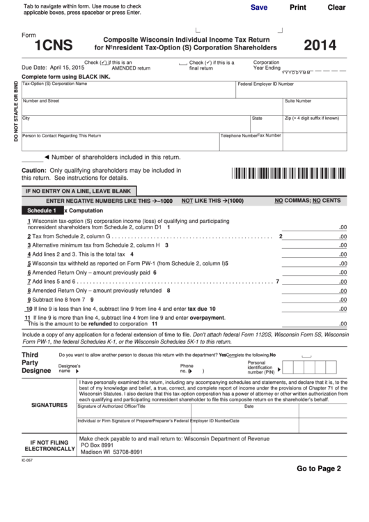 Fillable Form 1cns - Composite Wisconsin Individual Income Tax Return For Nonresident Tax-Option (S) Corporation Shareholders - 2014 Printable pdf