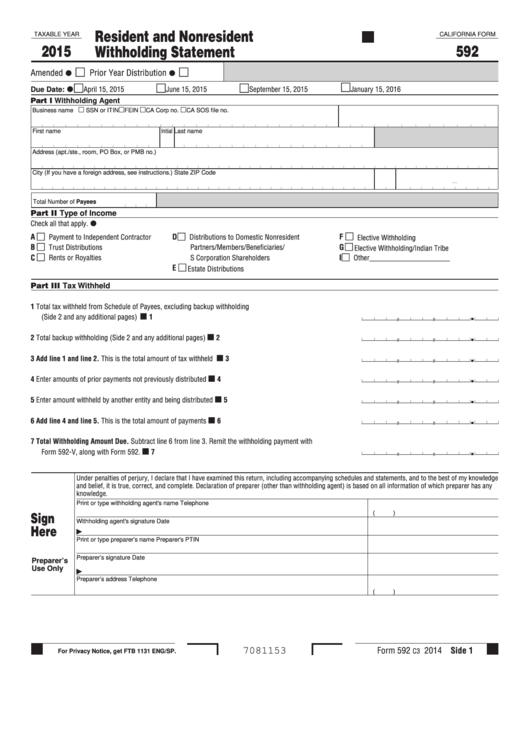 Fillable California Form 592 - Resident And Nonresident Withholding Statement - 2015 Printable pdf