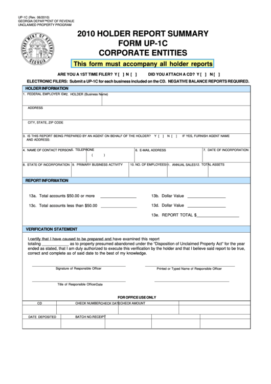 Fillable Form Up-1c - 2010 Holder Report Summary - Corporate Entities Printable pdf