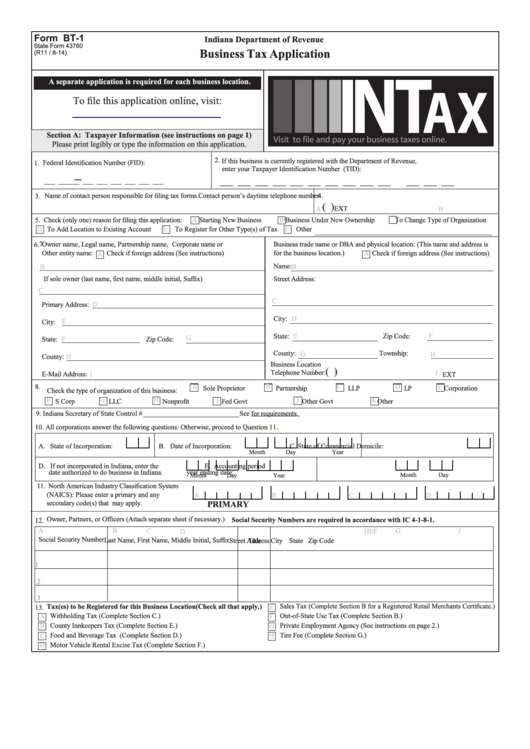 Fillable Form Bt-1 - Business Tax Application - 2014 Printable pdf