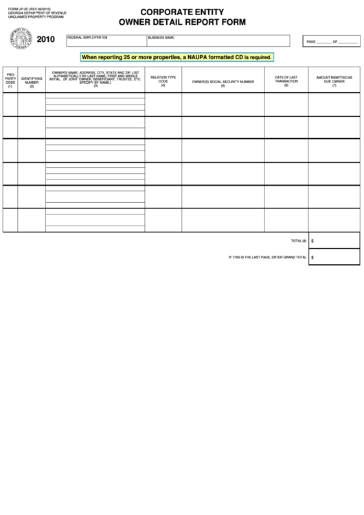 Fillable Form Up-2c - Corporate Entity Owner Detail Report Form - 2010 Printable pdf