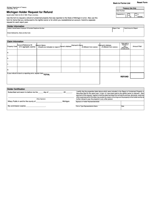 Fillable Form 3165 - Michigan Holder Request For Refund Form - Michigan Department Of Treasury Printable pdf