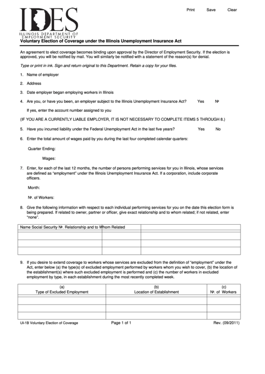 Fillable Form Ui-1b - Voluntary Election Of Coverage Under The Illinois Unemployment Insurance Act Printable pdf