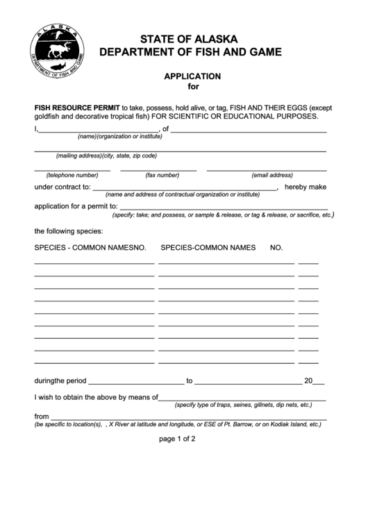 Application For Fish Resource Permit Form - Alaska Department Of Fish And Game Printable pdf