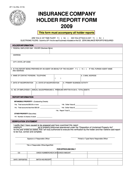 Fillable Form Up-1 Ins - Insurance Company Holder Report Form - 2009 Printable pdf