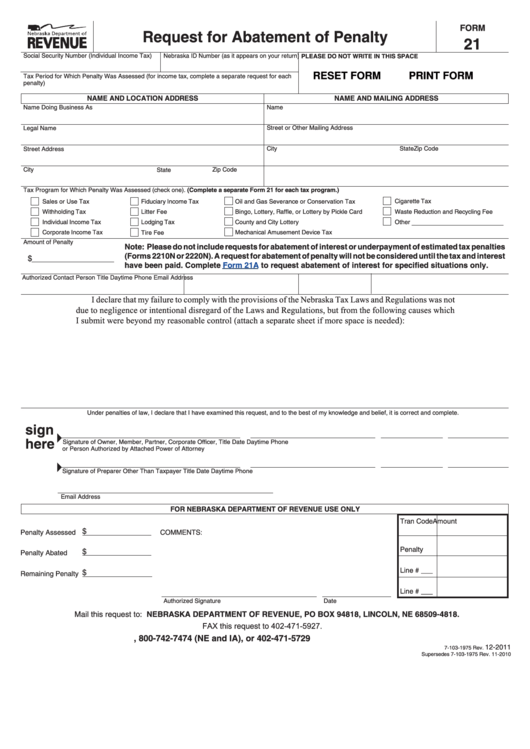 Fillable Form 21 - Request For Abatement Of Penalty - Nebraska Department Of Revenue Printable pdf