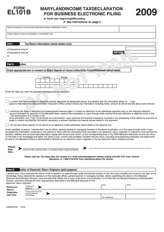Fillable Form El101b - Maryland Income Tax Declaration For Business Electronic Filing - 2009 Printable pdf