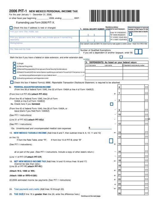 Form Pit-1 New Mexico Personal Income Tax Printable pdf