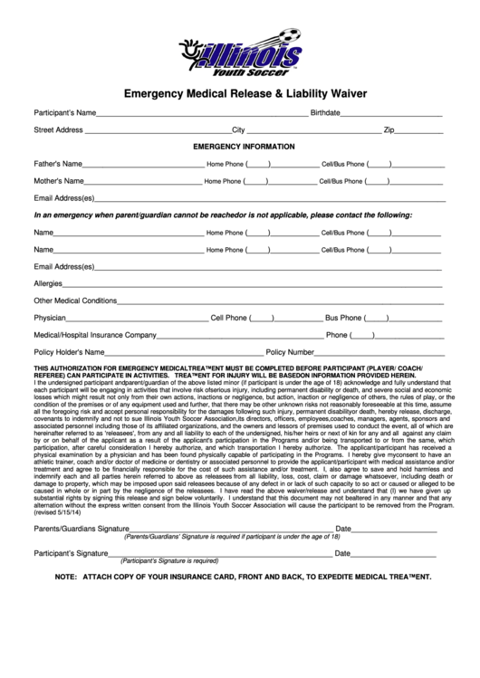 Fillable Emergency Medical Release & Liability Waiver Form Printable pdf