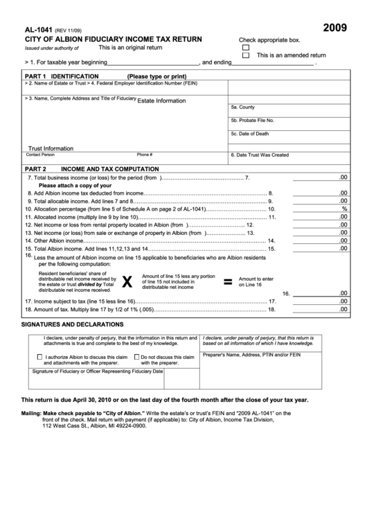 Form Al-1041 - City Of Albion Fiduciary Income Tax Return - 2009 Printable pdf