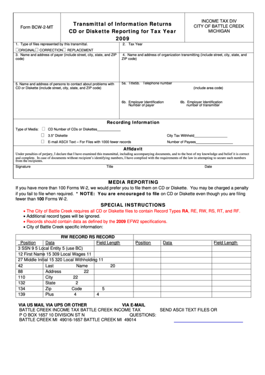 Fillable Form Bcw-2-Mt - Transmittal Of Information Returns Cd Or Diskette Reporting For Tax Year 2009 Printable pdf