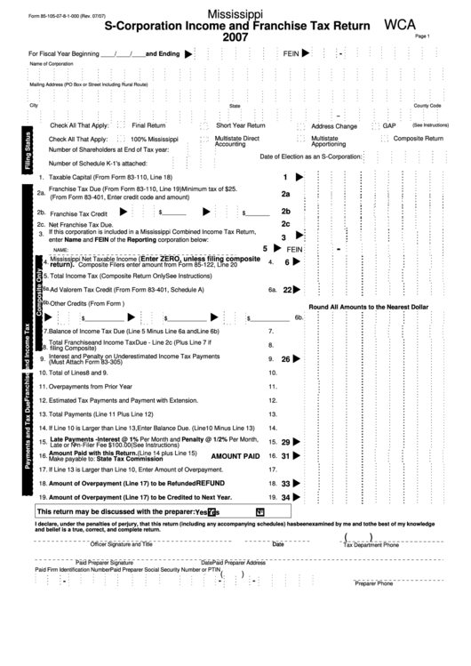Form 85-105-07-8-1-000 - Mississippi S-Corporation Income And Franchise Tax Return - 2007 Printable pdf