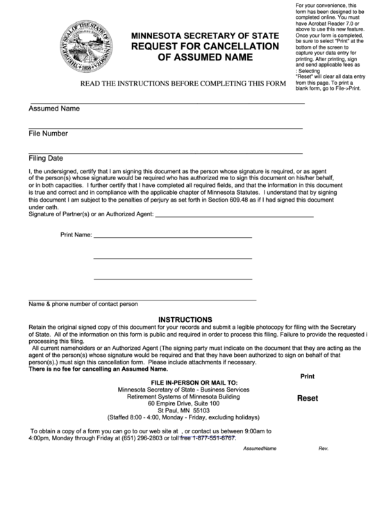Fillable Minnesota Secretary Of State Request For Cancellation Of Assumed Name Form - 2010 Printable pdf