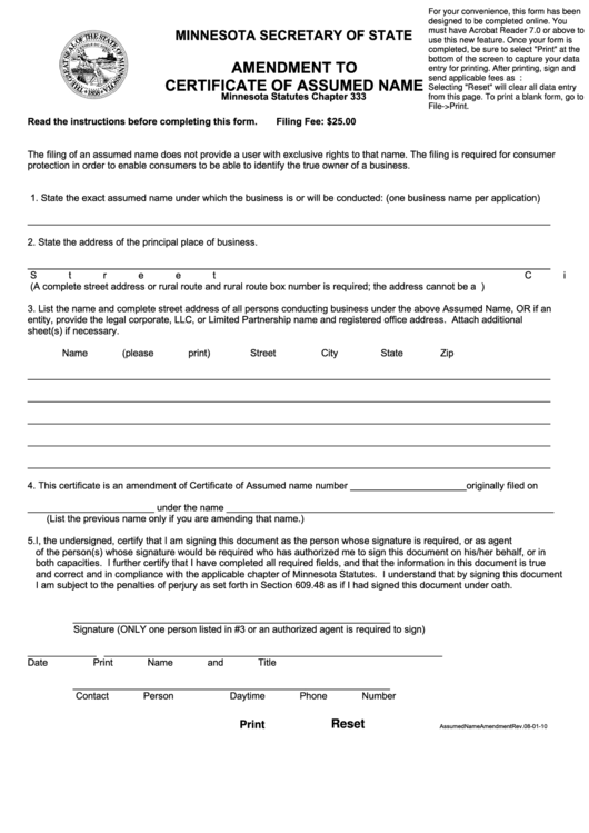 Fillable Amendment To Certificate Of Assumed Name Form - 2010 Printable pdf