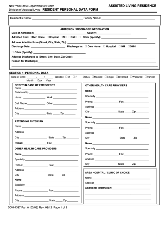 Form Doh-4397 - Assisted Living Residence Resident Personal Data Form - 2012 Printable pdf