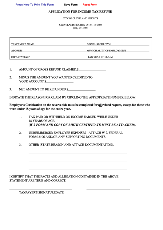 Fillable Application For Income Tax Refund - City Of Cleveland Heights Printable pdf