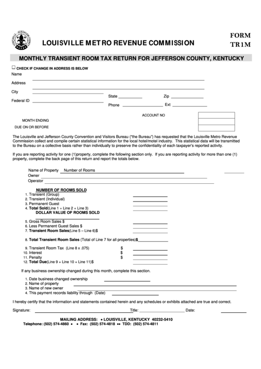 Fillable Form Tr1m - Monthly Transient Room Tax Return For Jefferson County Printable pdf