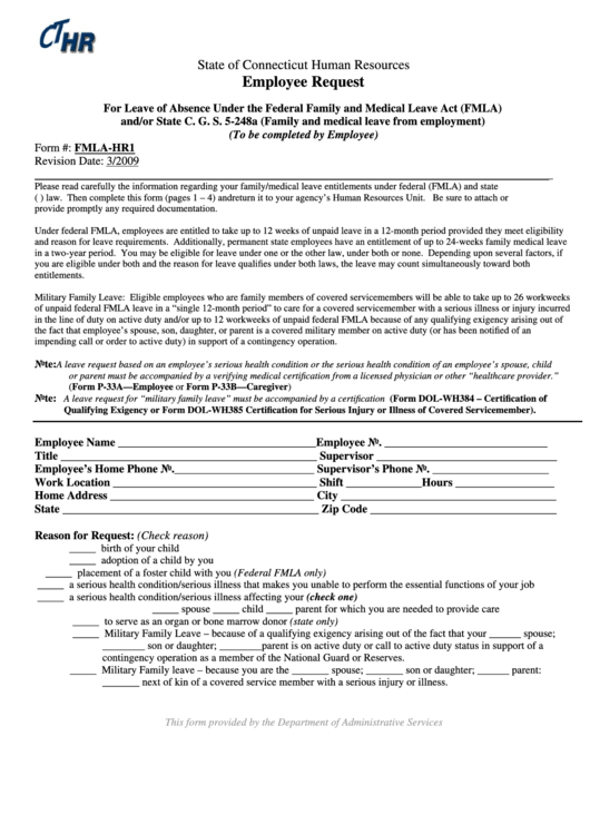 Fillable Form Fmla-Hr1-Employee Request - Department Of Administrative Services Form 2009 Printable pdf