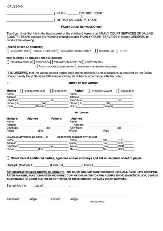 Form Sso-M3/02 - Family Court Services Order Form - Dallas County, Texas Printable pdf