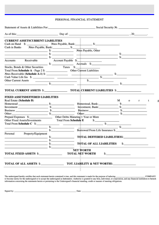 Personal Financial Statement Form - Tuttle & Traina Insurance Agency, Inc. Printable pdf