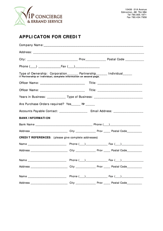 Applicaton For Credit Form Printable pdf