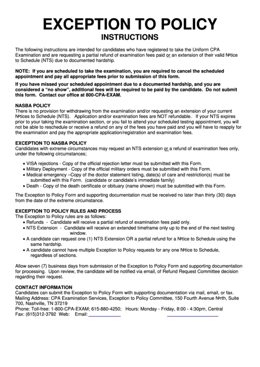 Exception To Policy Form Printable pdf