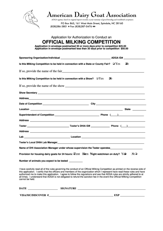Application For Authorization To Conduct An Official Milking Competition Form Printable pdf