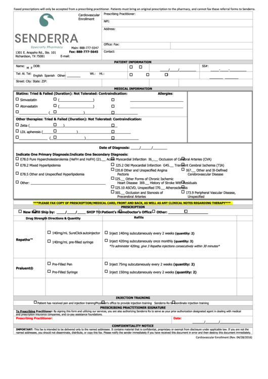 Senderra Specialty Pharmacy Patient & Medical Information Form