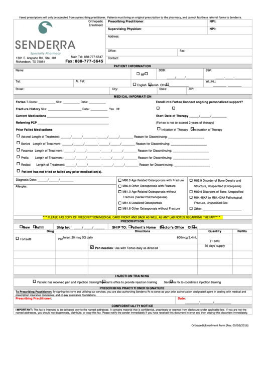 Fillable Senderra Specialty Pharmacy Patient & Medical Information Form Printable pdf